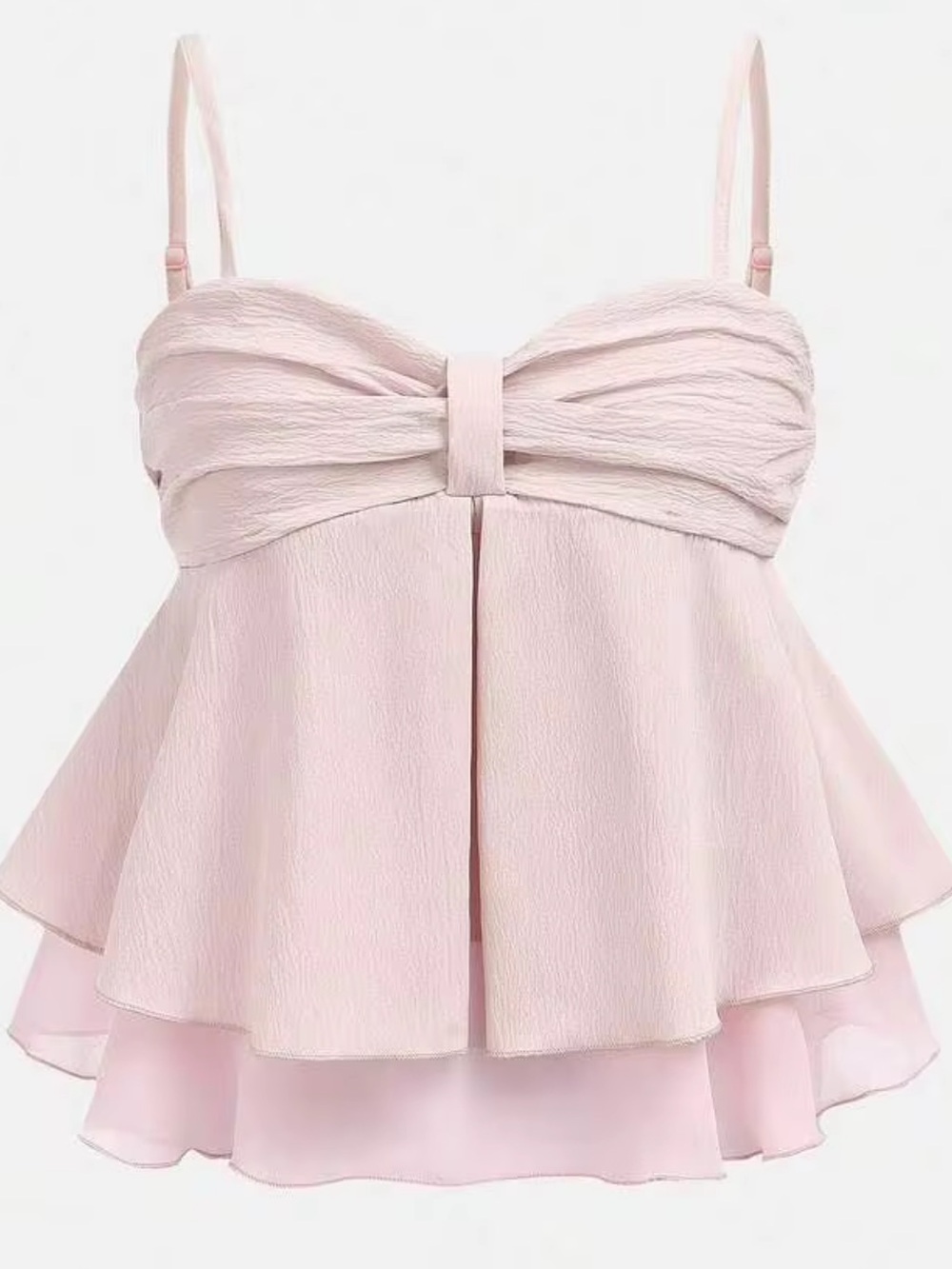 Pale Pink Bow-Front Chiffon Tiered Shirt